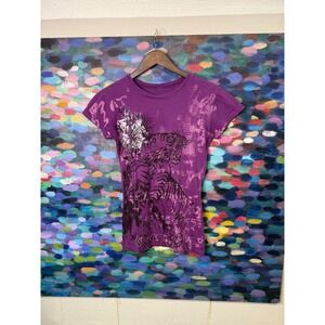 Purple Tiger Floral Graphic Tee Shirt Women's Size Medium